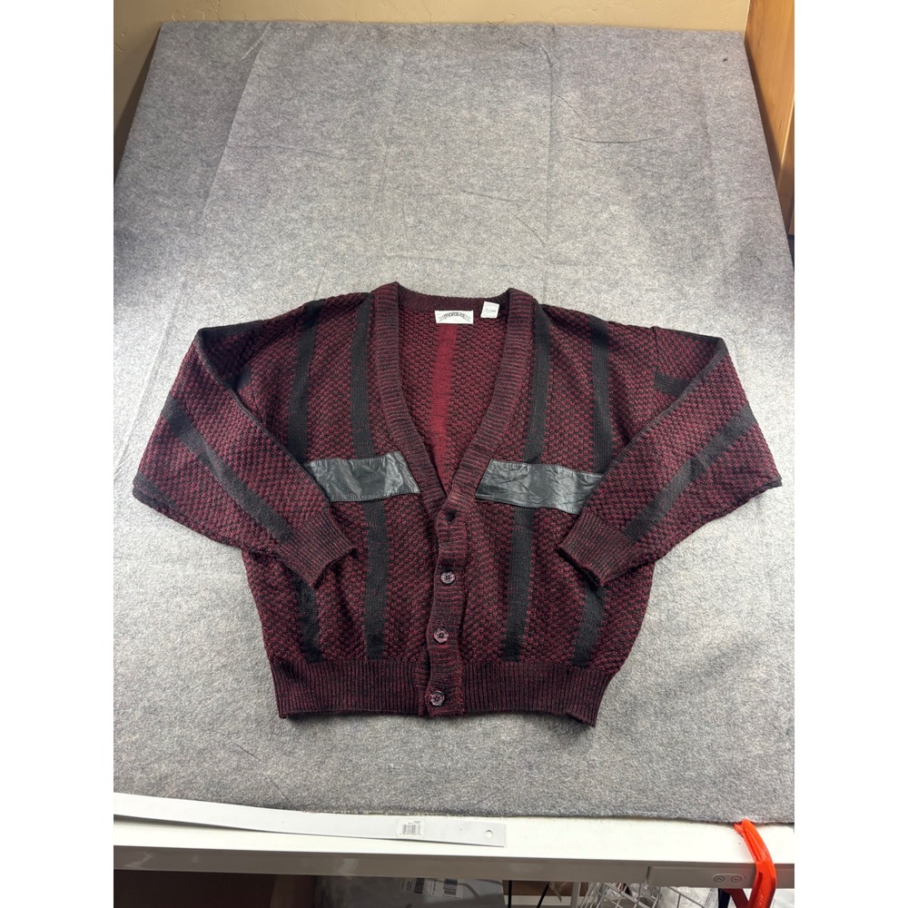 VTG Marquis Men XL Burgundy Black Knit Cardigan Sweater Leather Trim Korea Retro